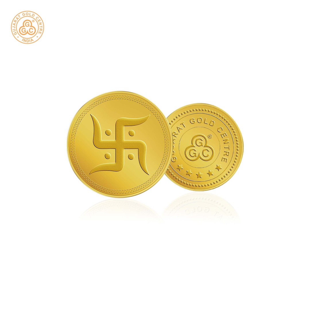 5gm 24K gold coin with engraved Swastik symbol at center,  fine border design, polished finish, GGC logo and hallmark on back.