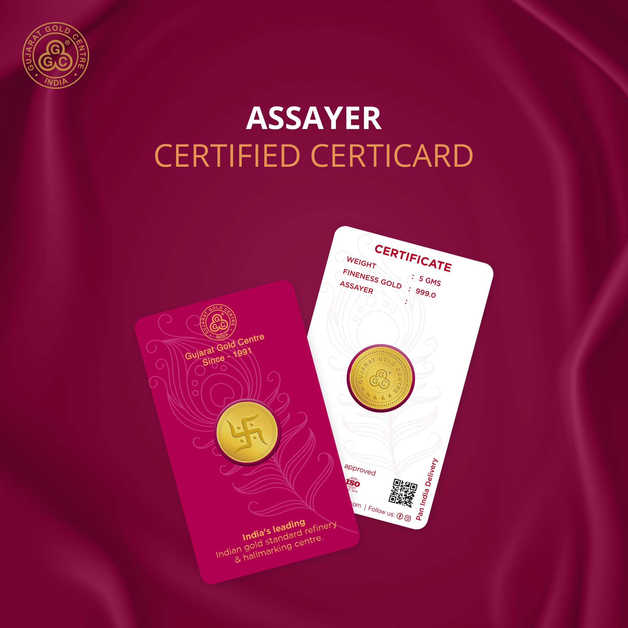 5gm 24K gold coin with engraved Swastik symbol at center,  fine border design, polished finish, GGC logo and hallmark on back.